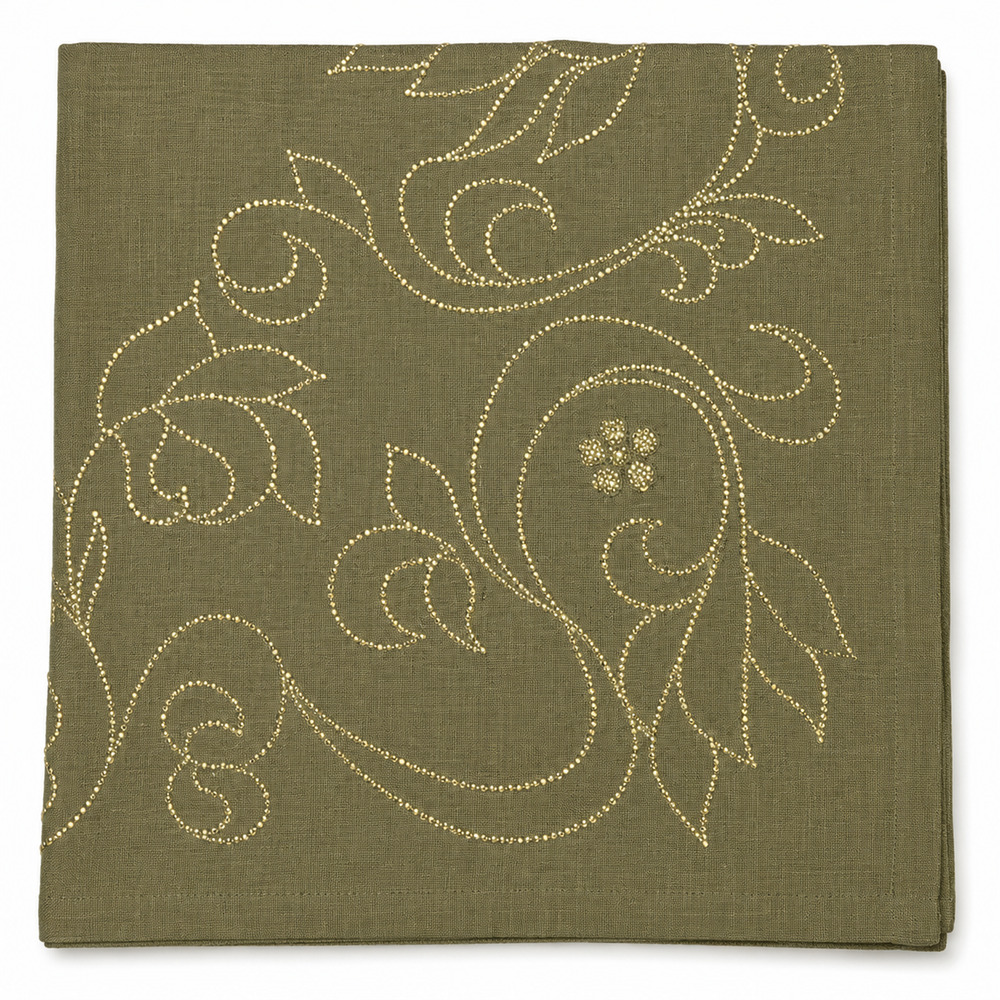 KIM SEYBERT SET OF 3 LINEN NAPKINS GREEN GOLD EMBROIDERED BEADED FLORAL NEW